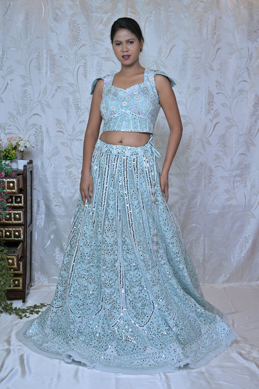 Icy Blue Sequin Lehenga Set with Bag