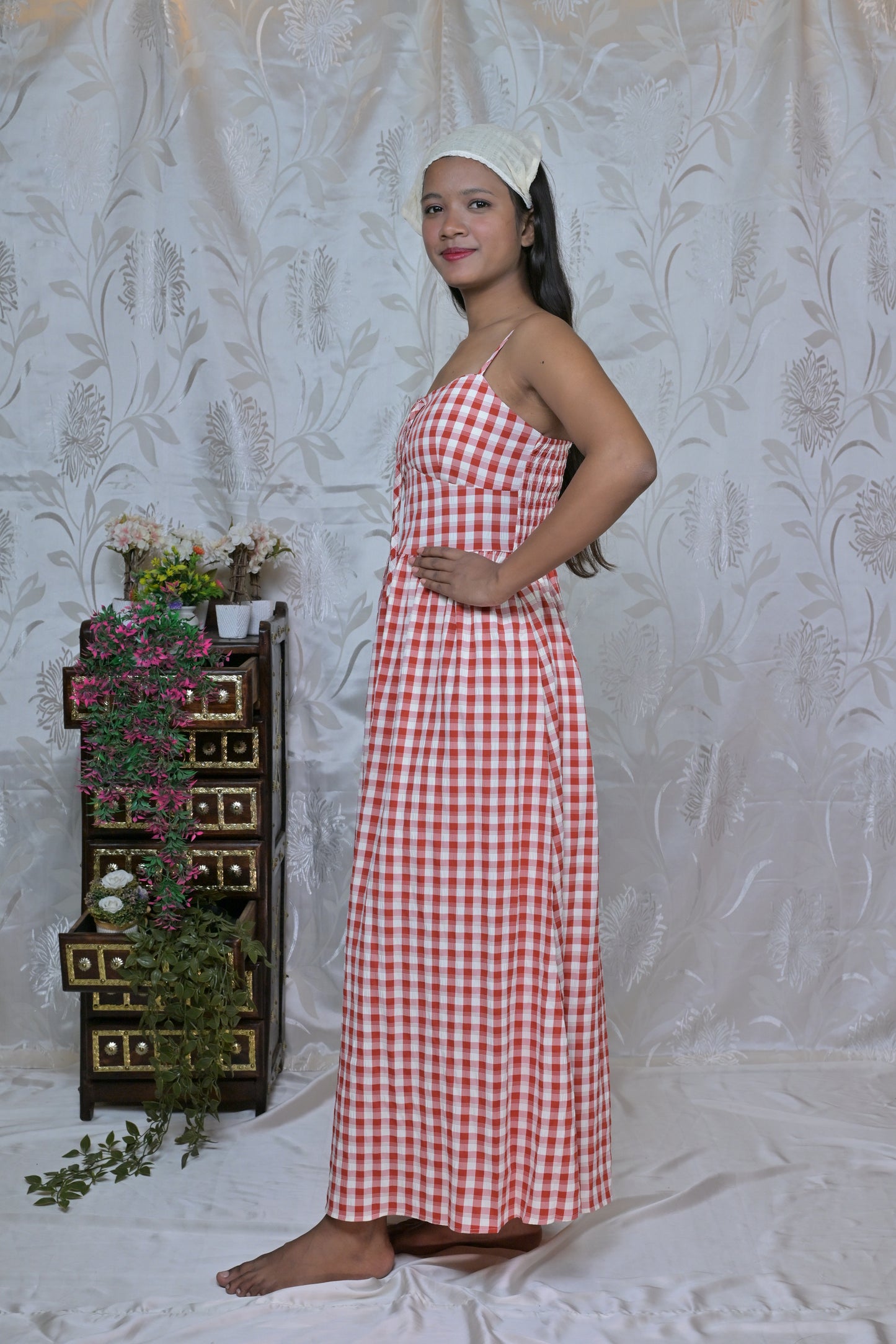 Women's Gingham Print Maxi Dress with Headband