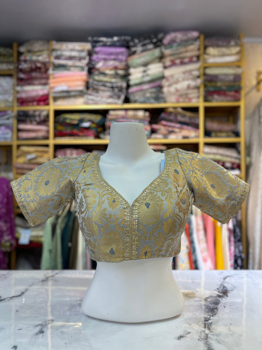 Icy Blue-Grey and Gold Brocade Elbow-Sleeve Blouse