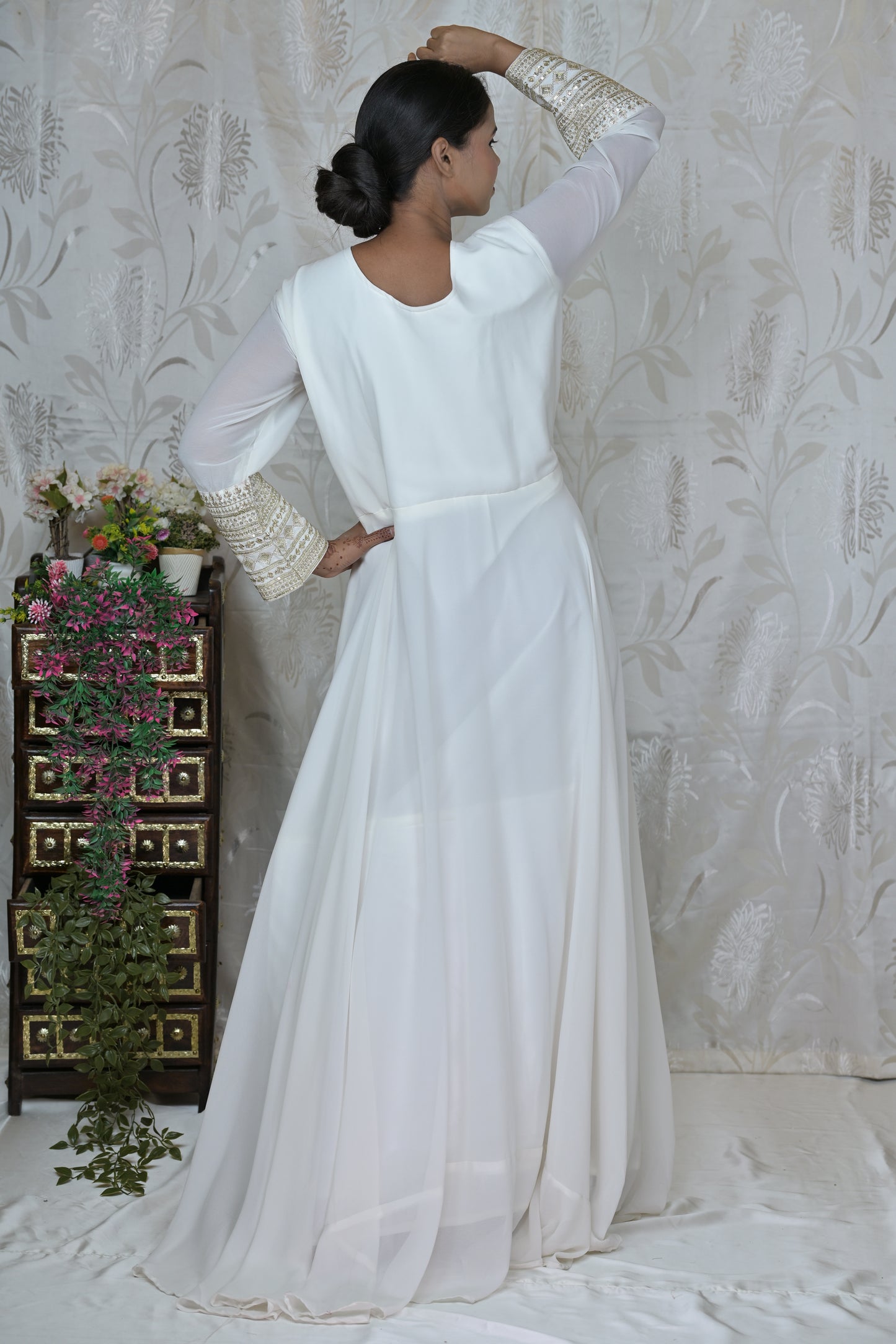 White Full Flare Anarkali Suit with Golden Embroidered Dupatta