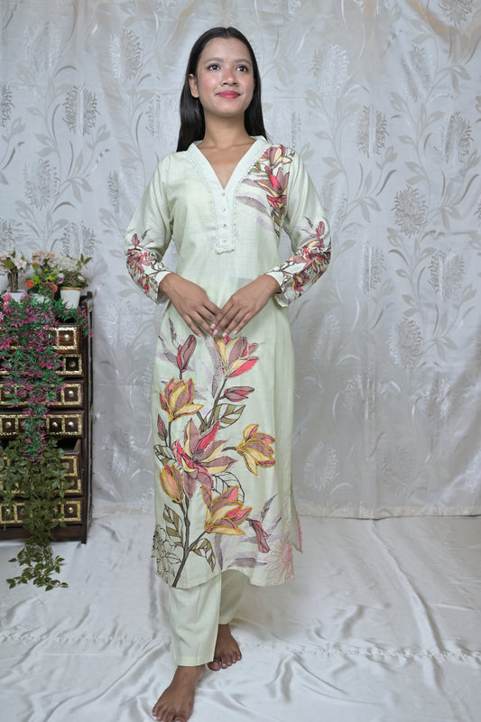 Artisanal Linen Cotton Printed Suit Set with Floral Dupatta