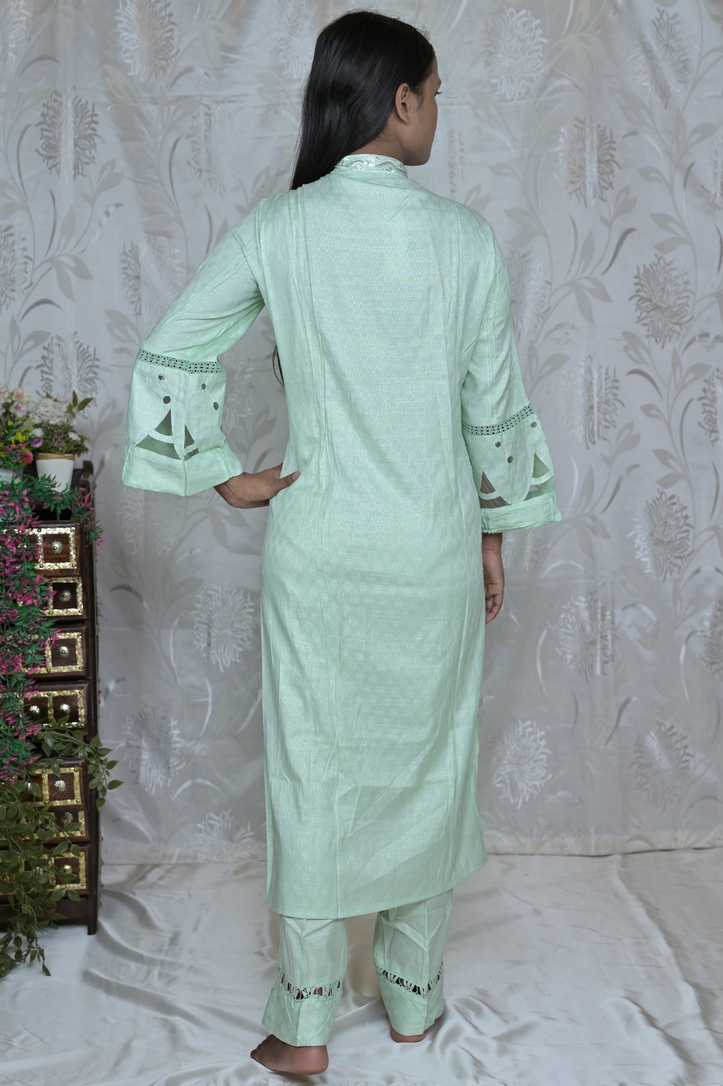 Pink & Mint Green Embroidered Suit Set with Dupatta