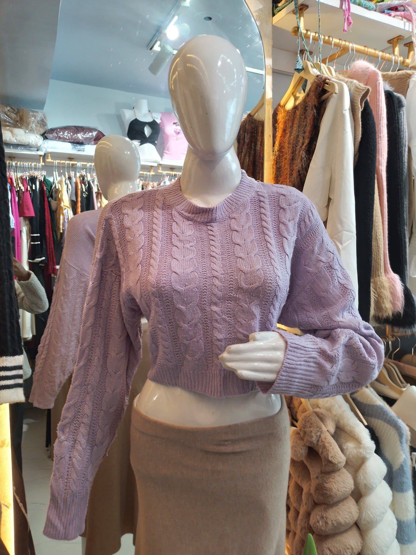 Lavender Loft" Cable Knit Crop Sweater