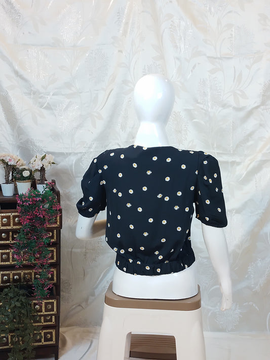 Women Black & White Ruffled Collar Asymmetrical Top