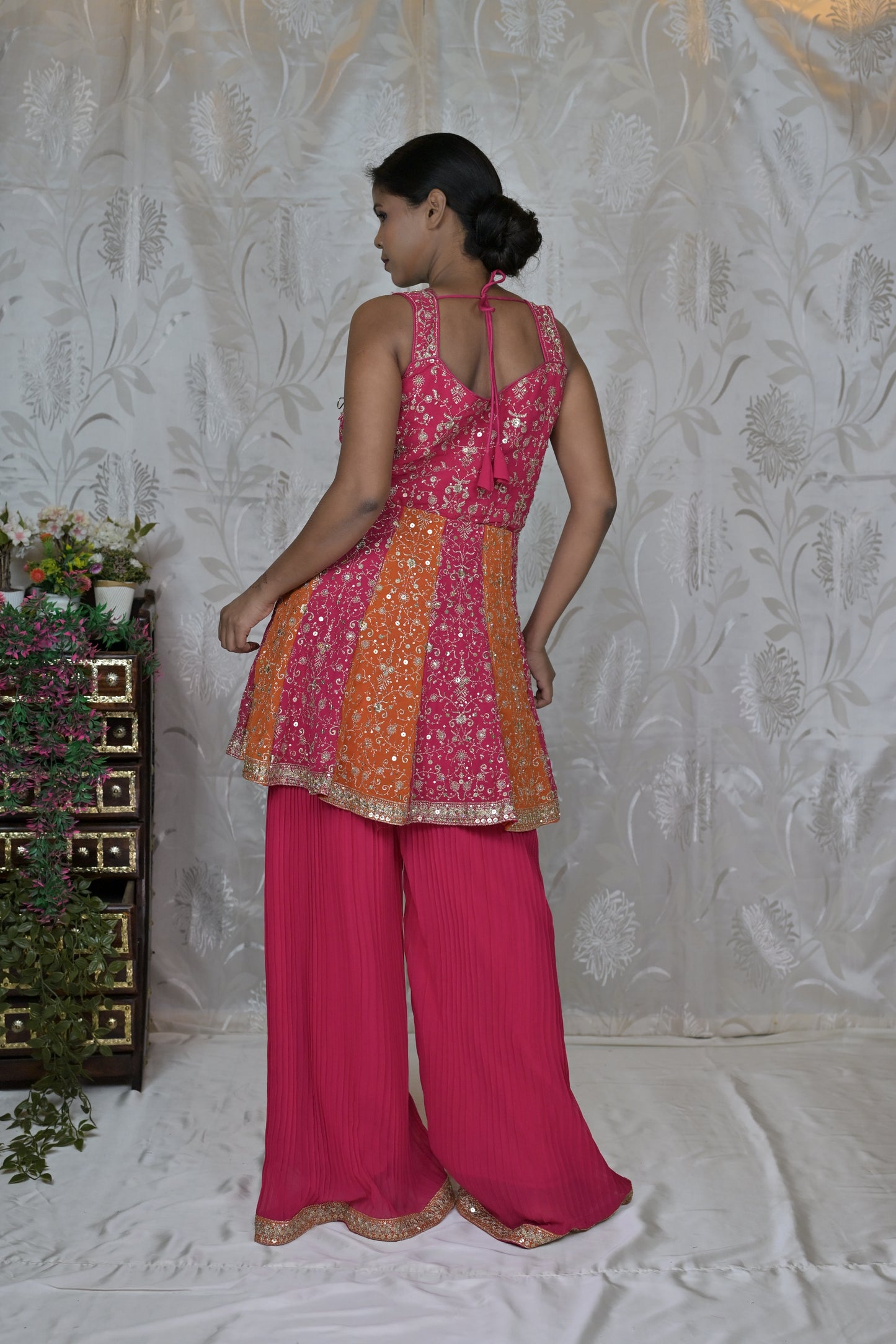 Pink & Orange Peplum Kurta with Palazzo & Dupatta Set
