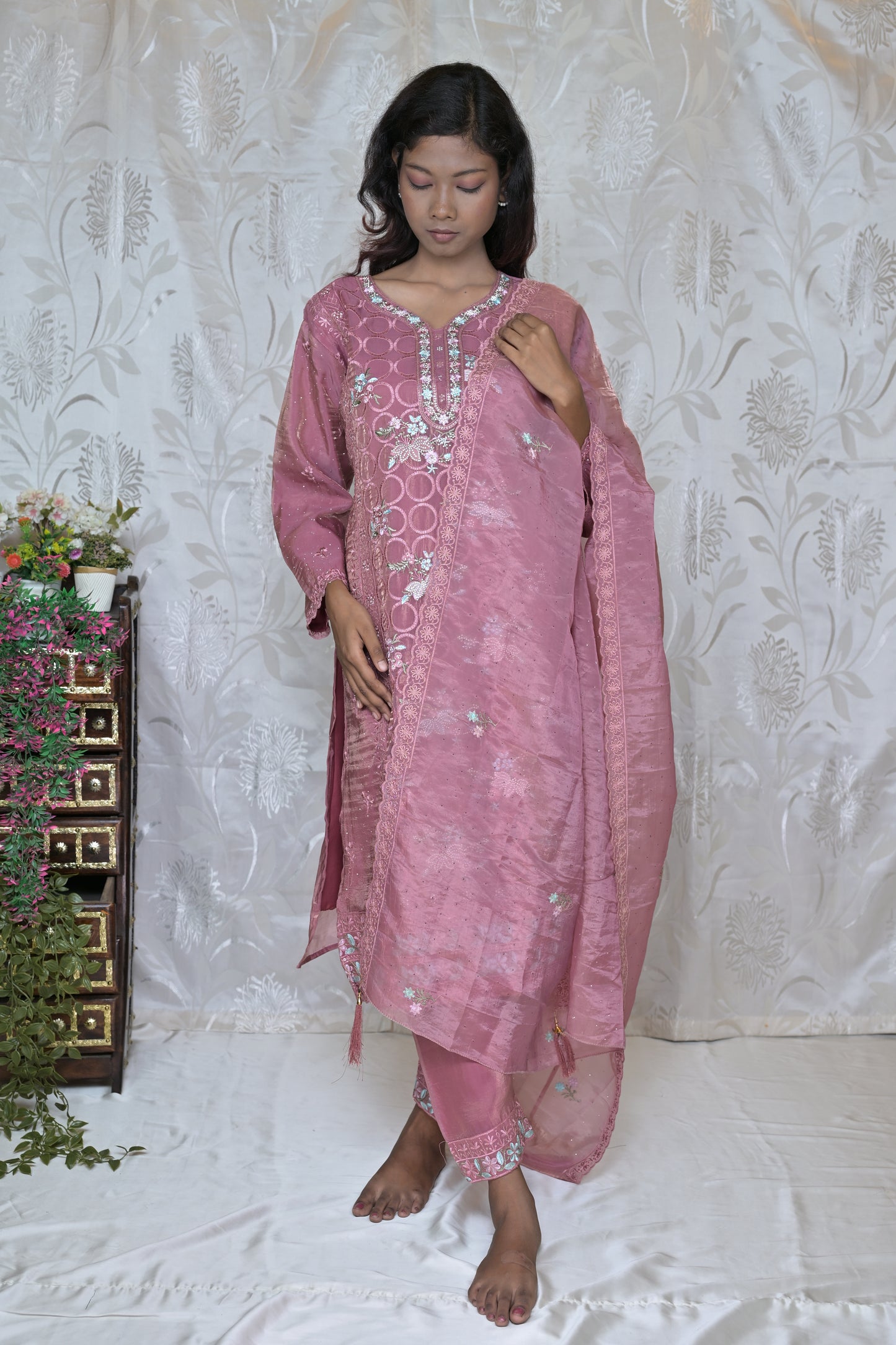 Artistic Floral Painted Kurta Set with Wrap Detail