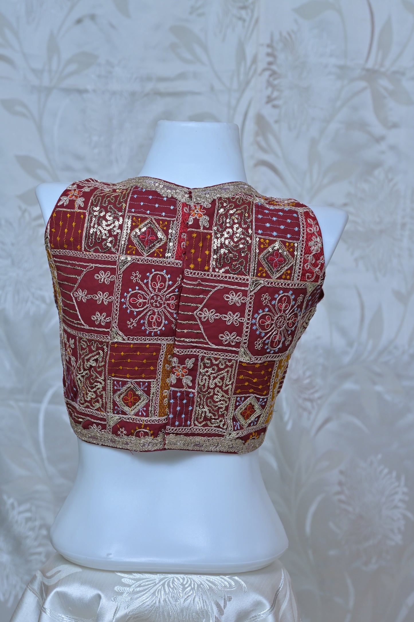 Heavy Gold Embroidered Sleeveless V-Neck Blouse