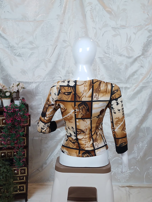 Women Beige & Brown Graphic Print 3/4 Sleeve Top