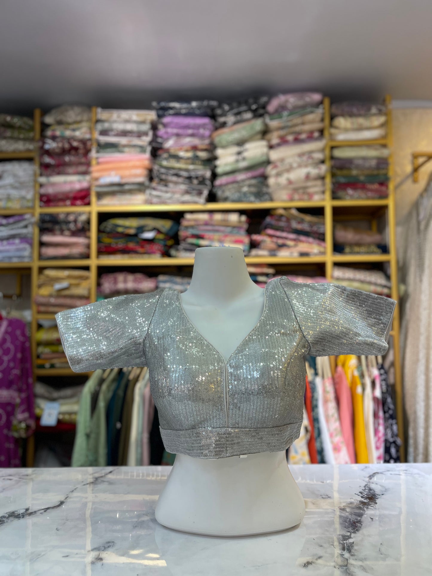 Jet Sequin Embellished Deep V-Neck Blouse