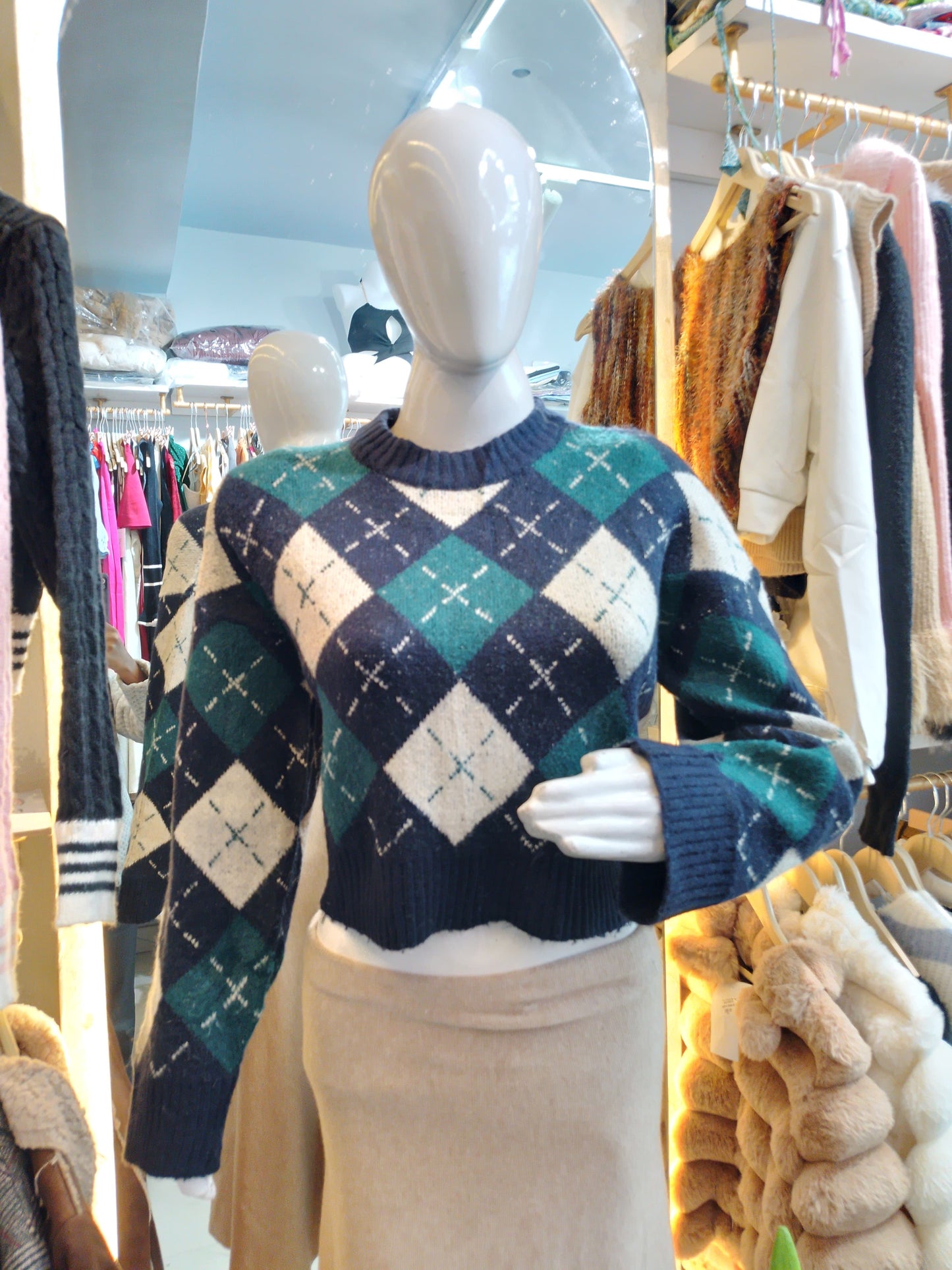 Heritage Preppy" Argyle Crop Sweater