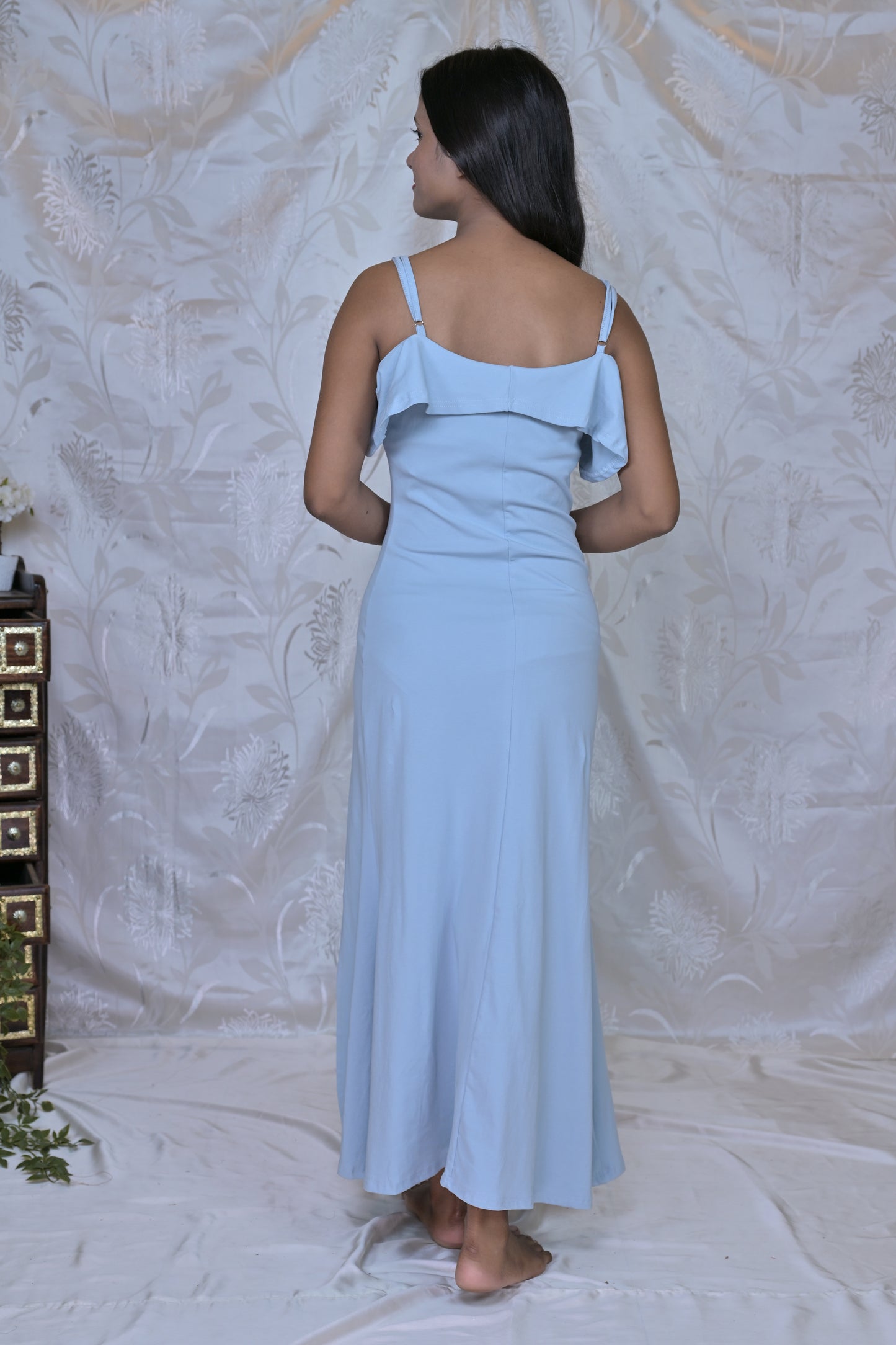 Ruffled Sweetheart Neck Dress with Slit