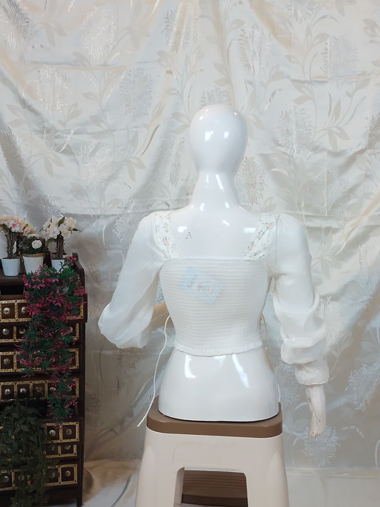 Women White Ribbed Square Neck Full Sleeve Crop Top