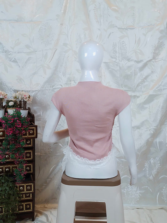 Women Ribbed Top with Bow Details & Lace Trim