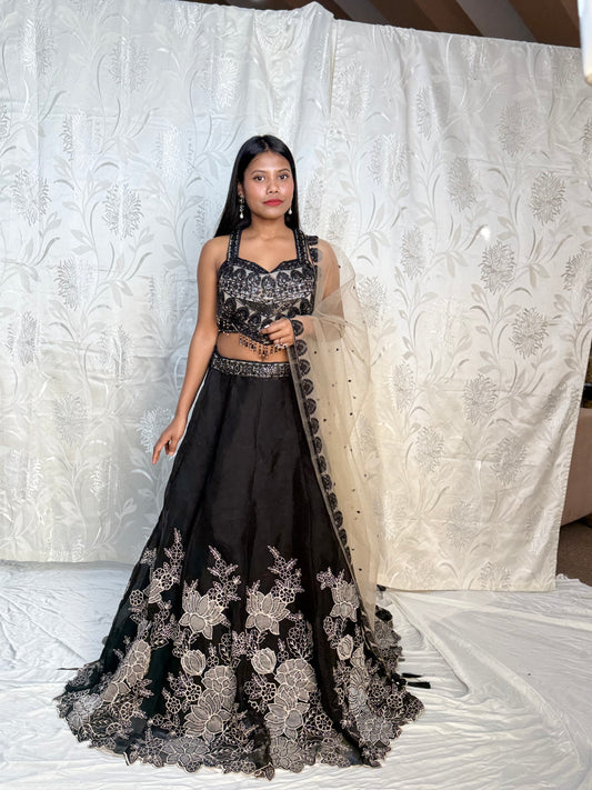 Black Heavy Floral Cutwork Lehenga with Corset Top