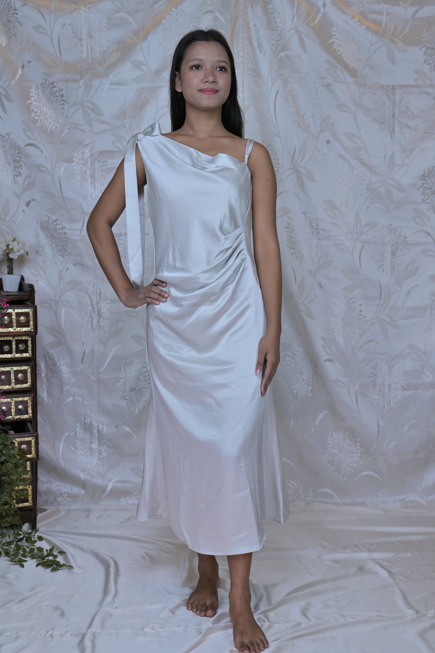 Black Solid Satin Finish Midi Dress