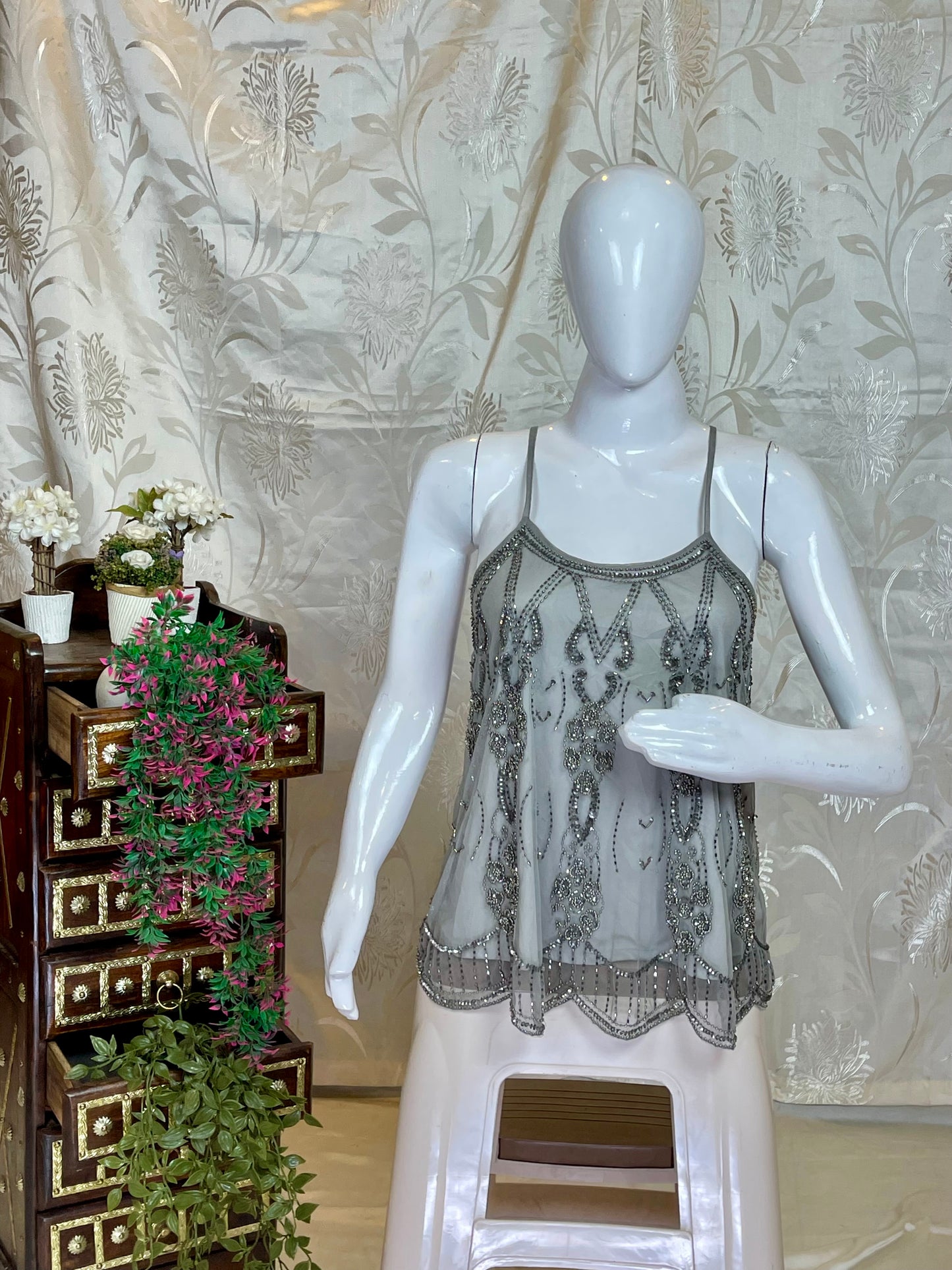 Grey Sequin & Bead Embellished Y2K Cami Top