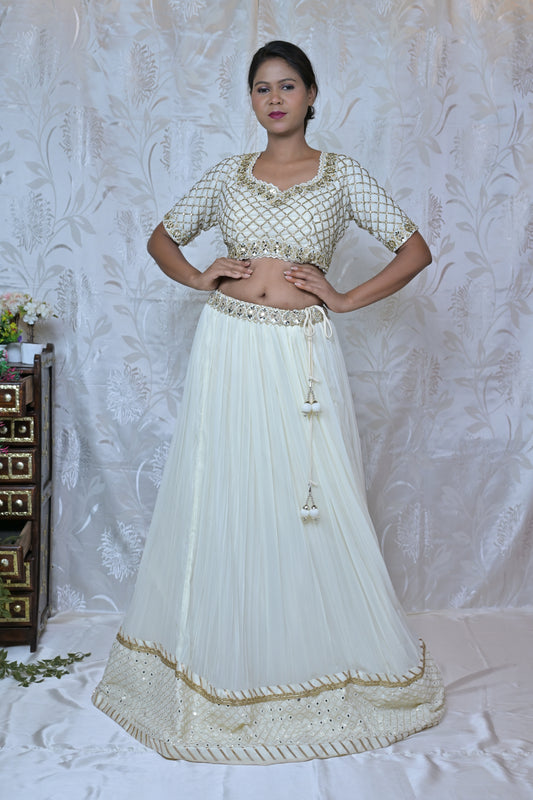 Off-White & Gold Mirror Work Lehenga Set