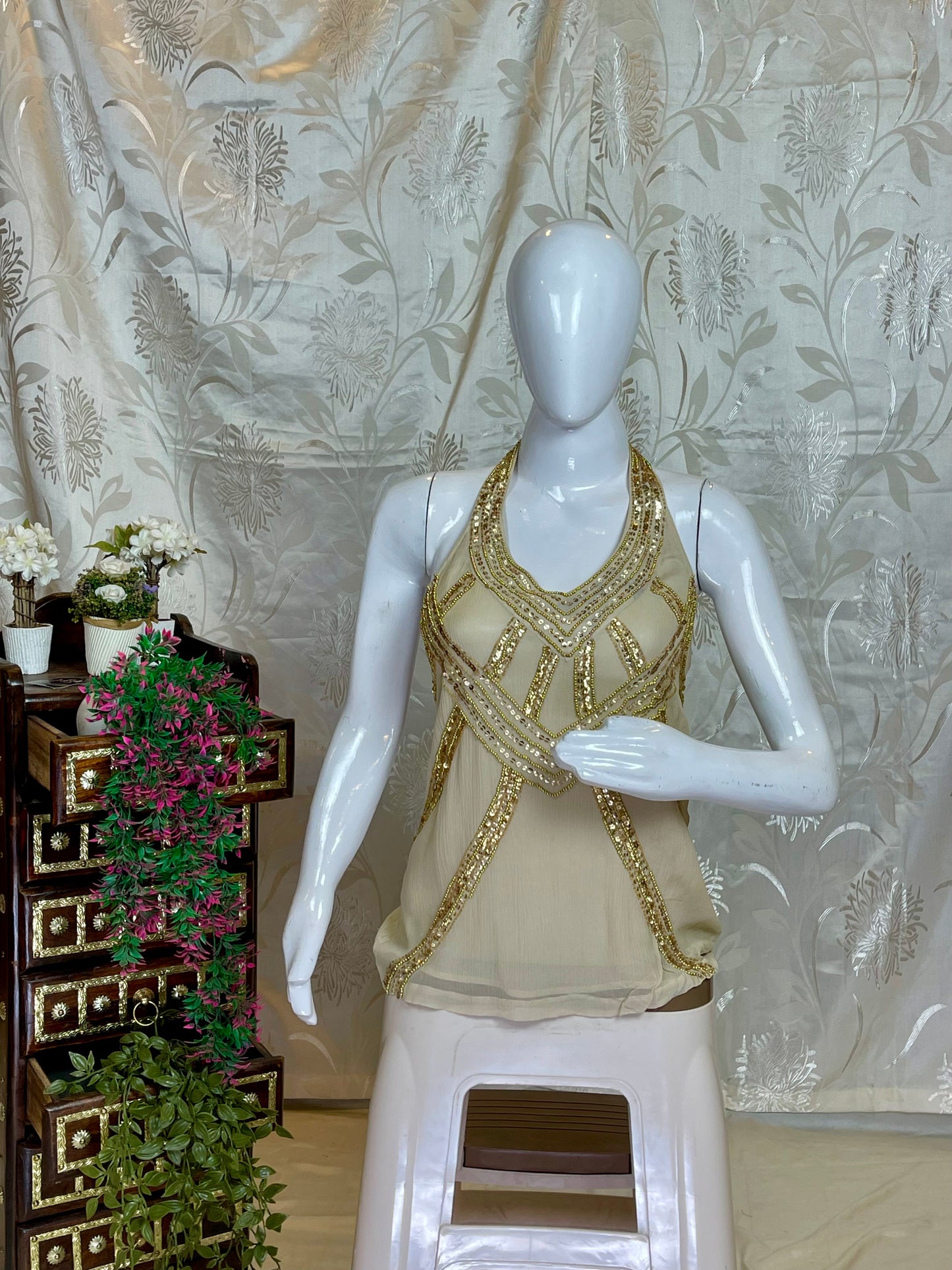 Glamorous Gold Sequin Y2K Halter Top