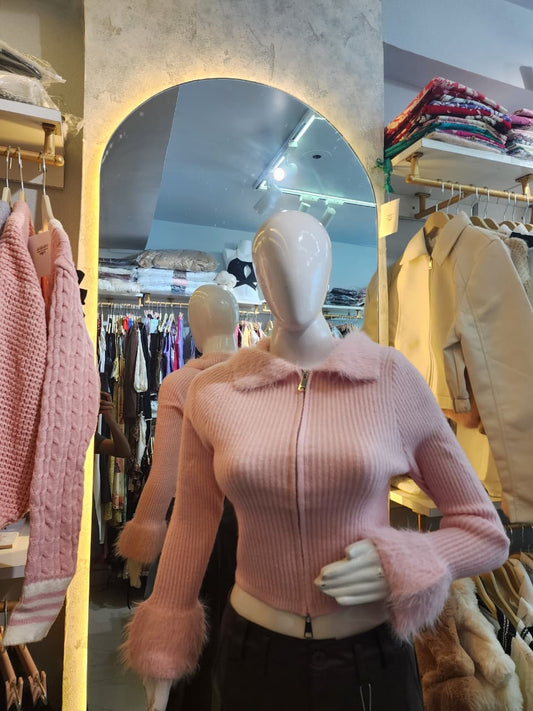 Ribbed Knit Cropped Cardigan with Faux Fur Trim