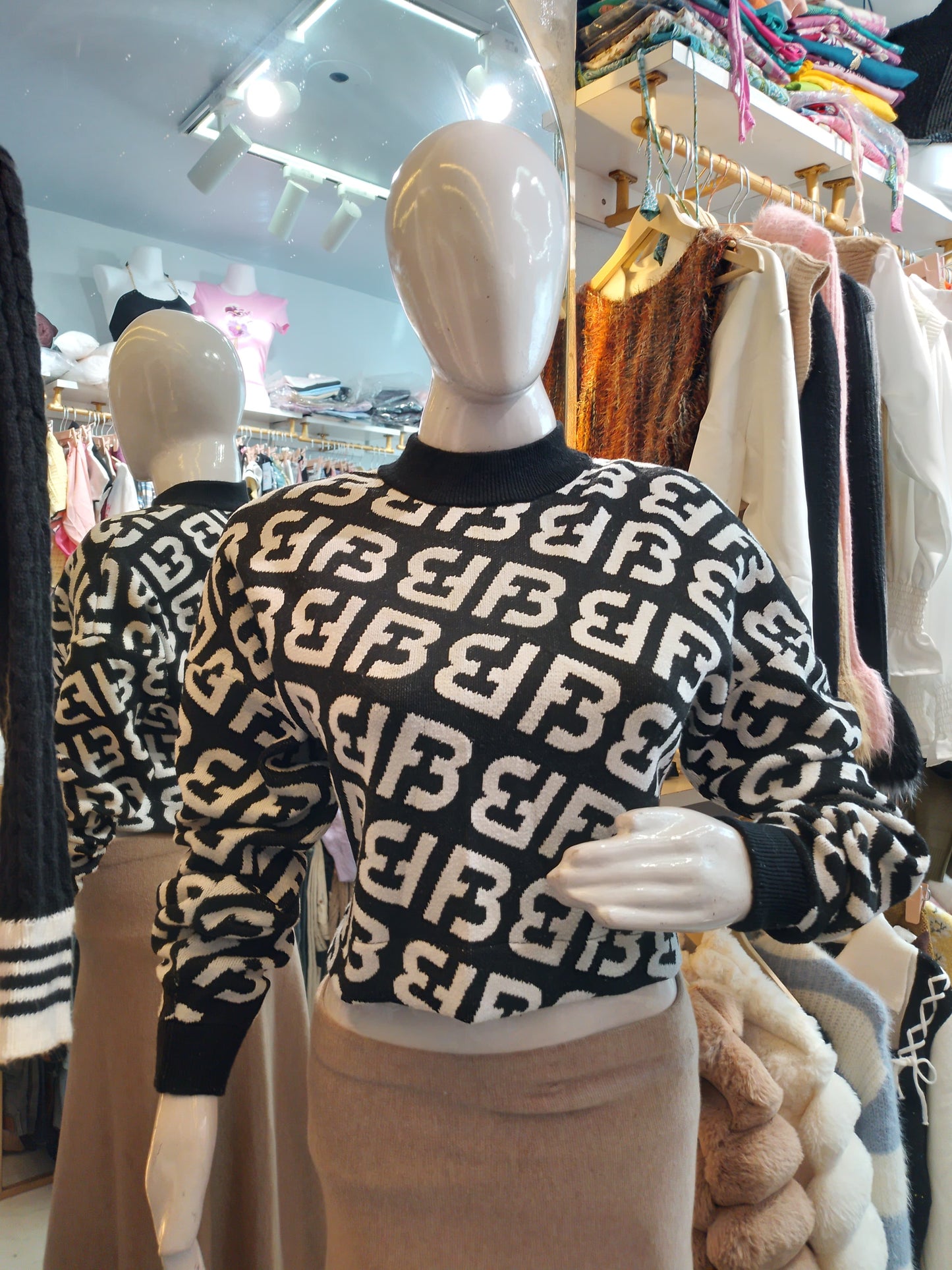 Monogram Mania" Cropped High-Neck Sweater