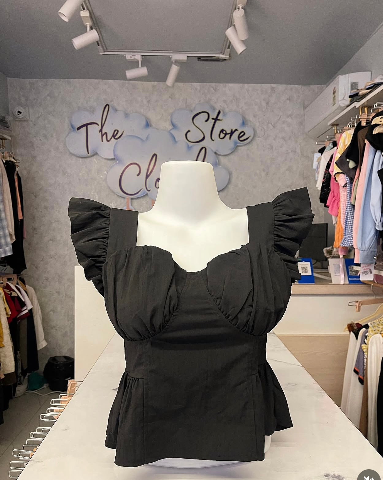 Midnight Black Ruffle-Sleeve Sweetheart Peplum Crop Top