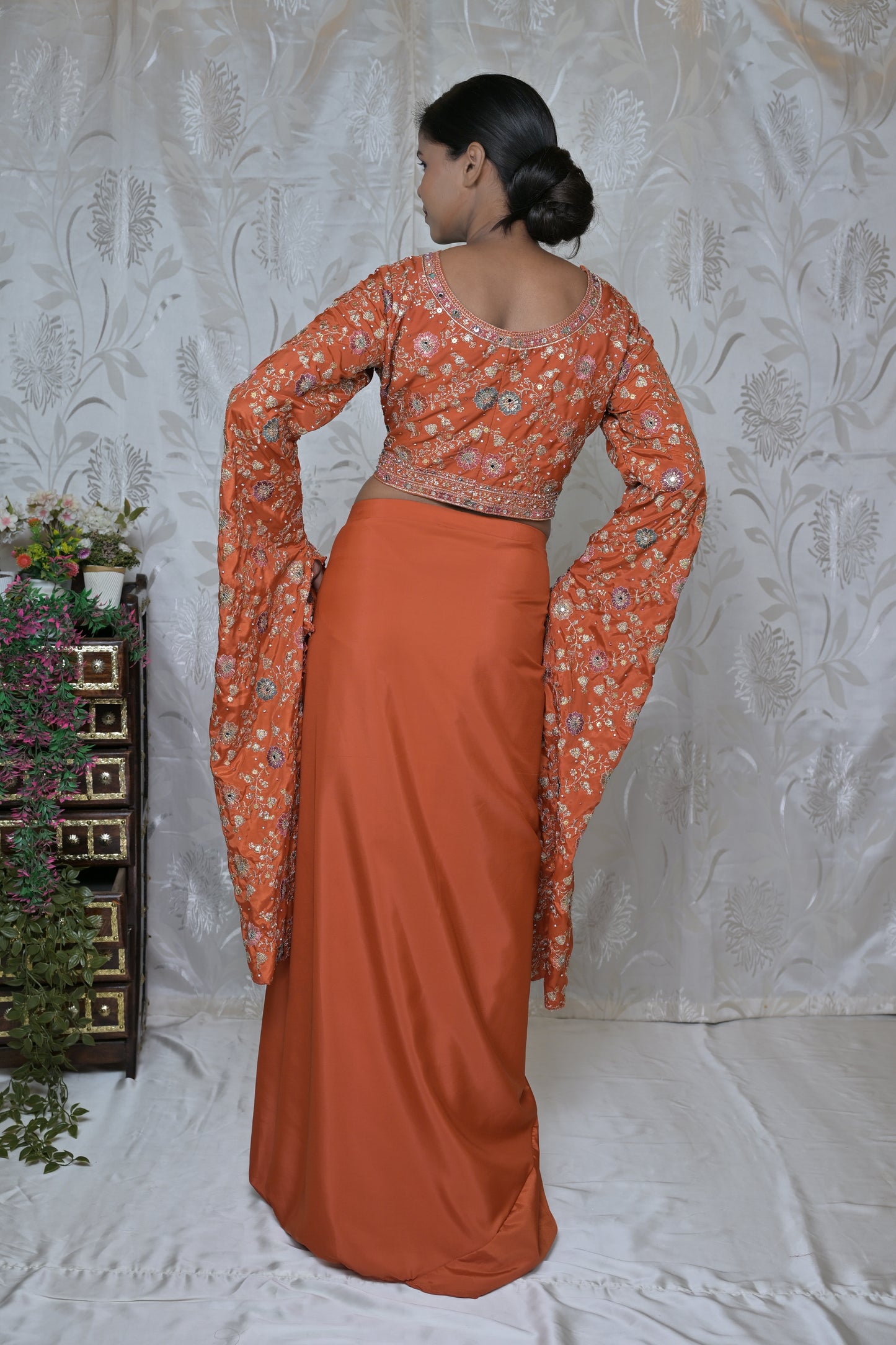 Orange Embellished Long Sleeve Blouse and Skirt Set