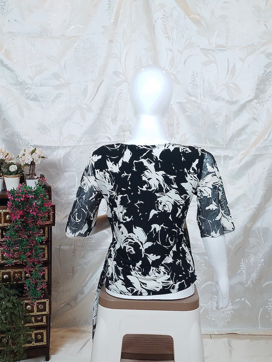 Women Black & White Floral Printed Mesh Tie-Up Top
