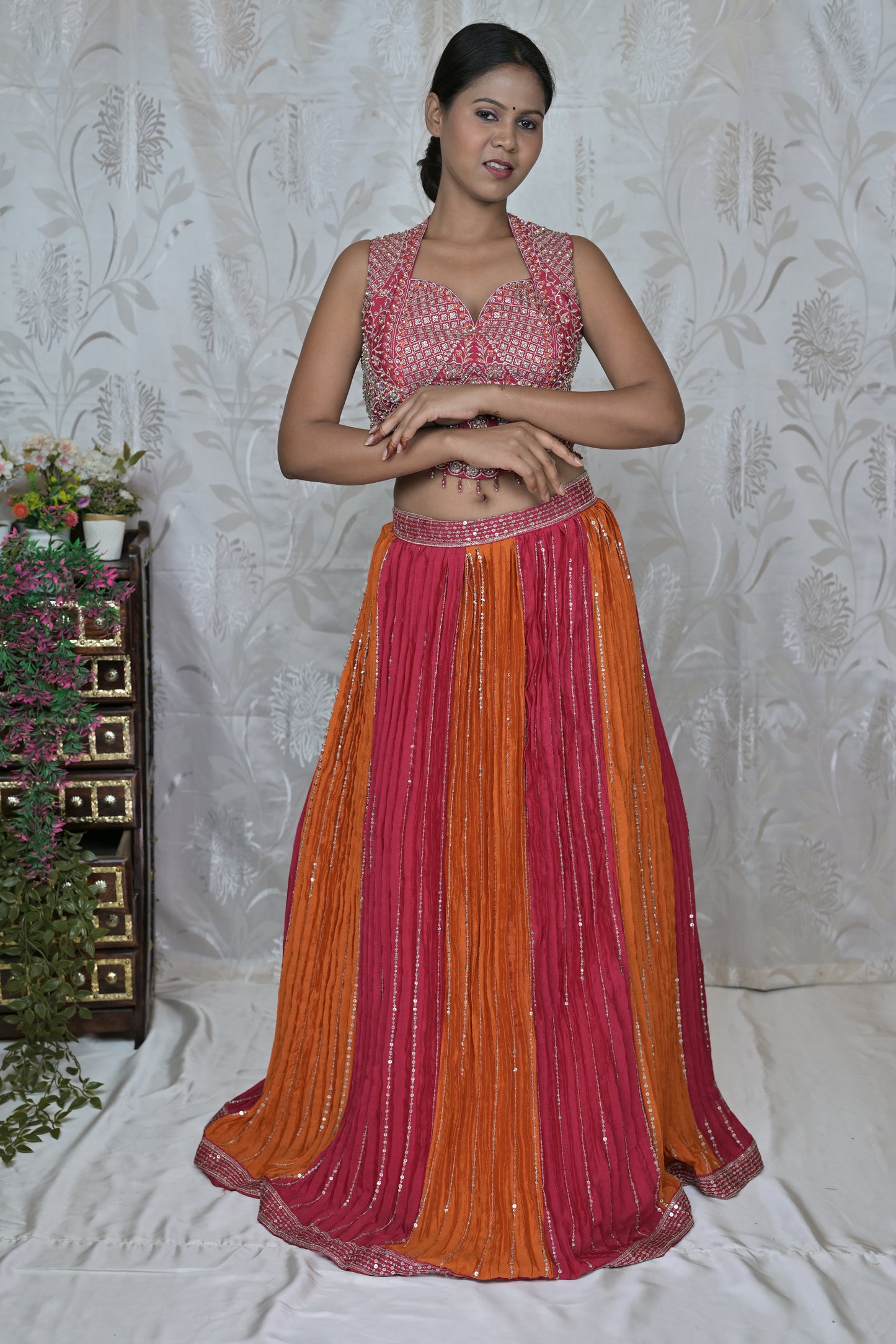 Vibrant Pink & Orange Embellished Lehenga Set