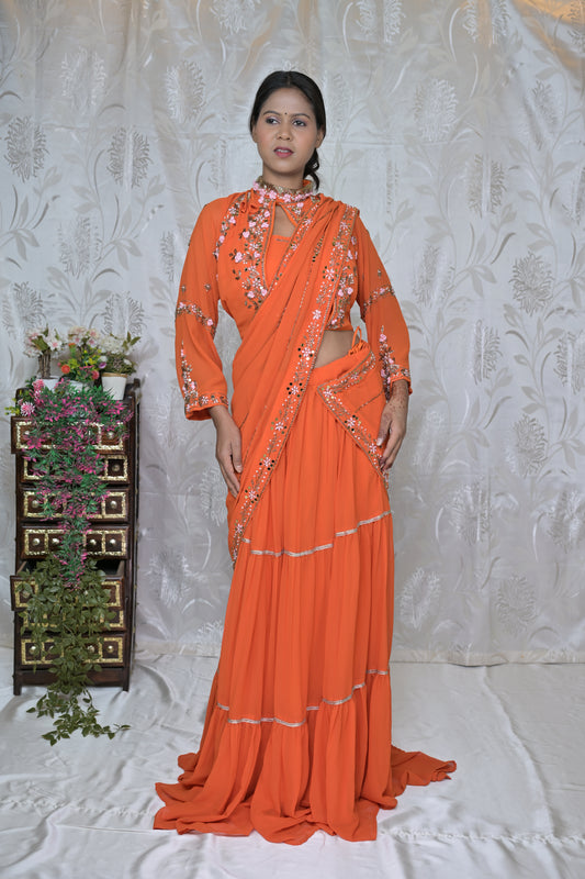 Orange Readymade Saree-Inspired Indo-Western Outfit