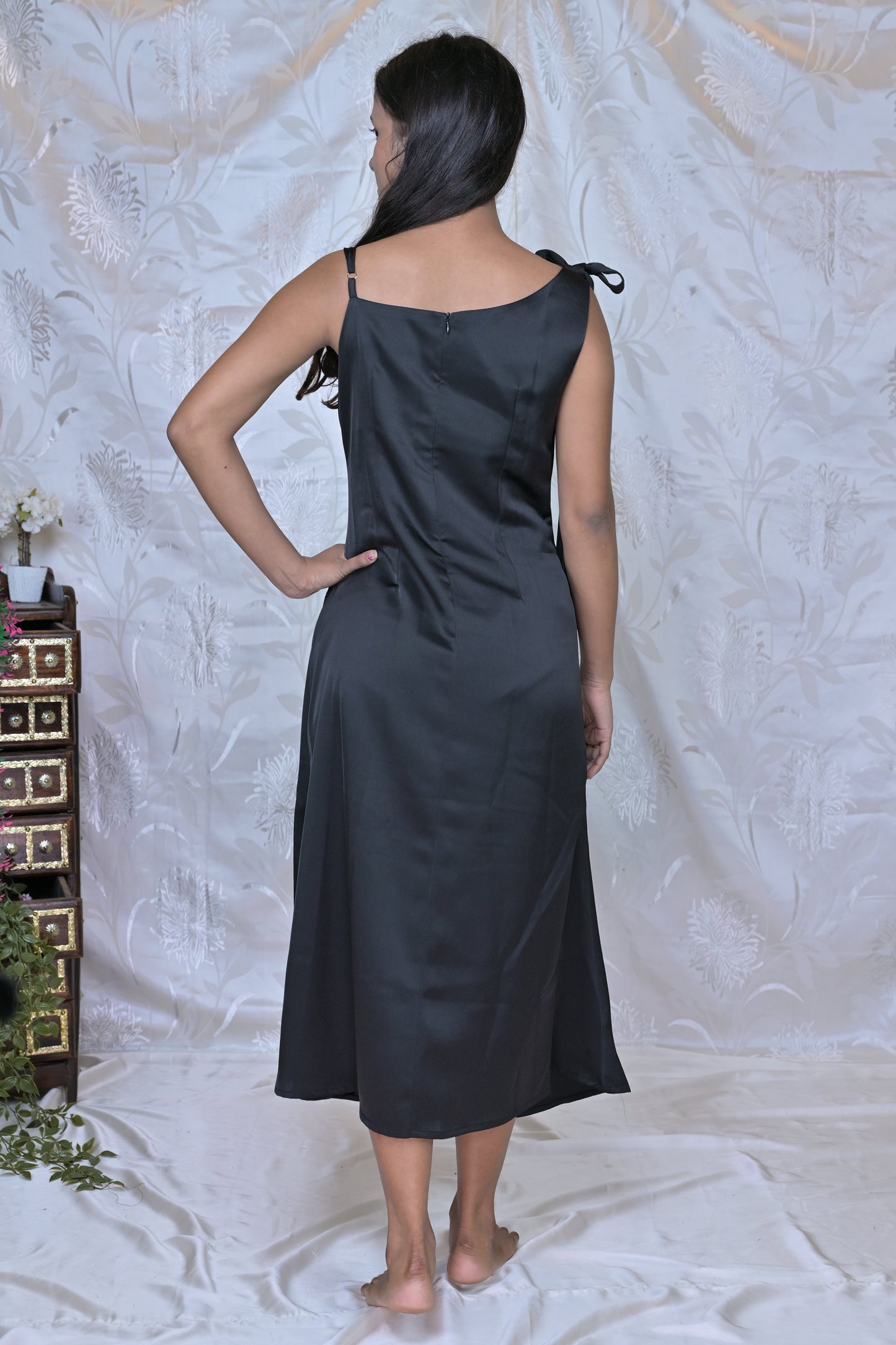Black Solid Satin Finish Midi Dress