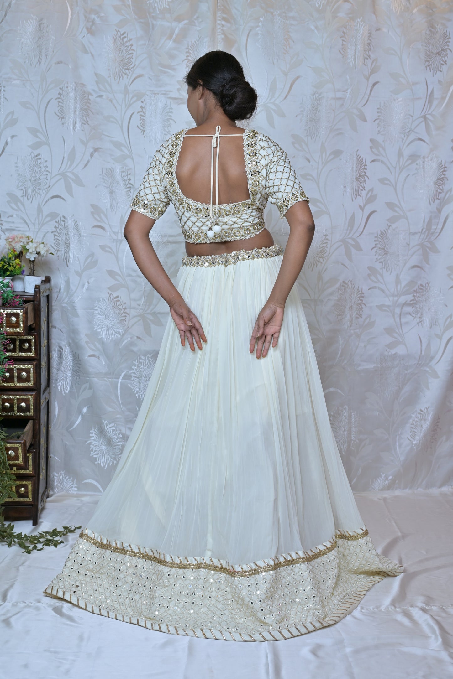 Off-White & Gold Mirror Work Lehenga Set
