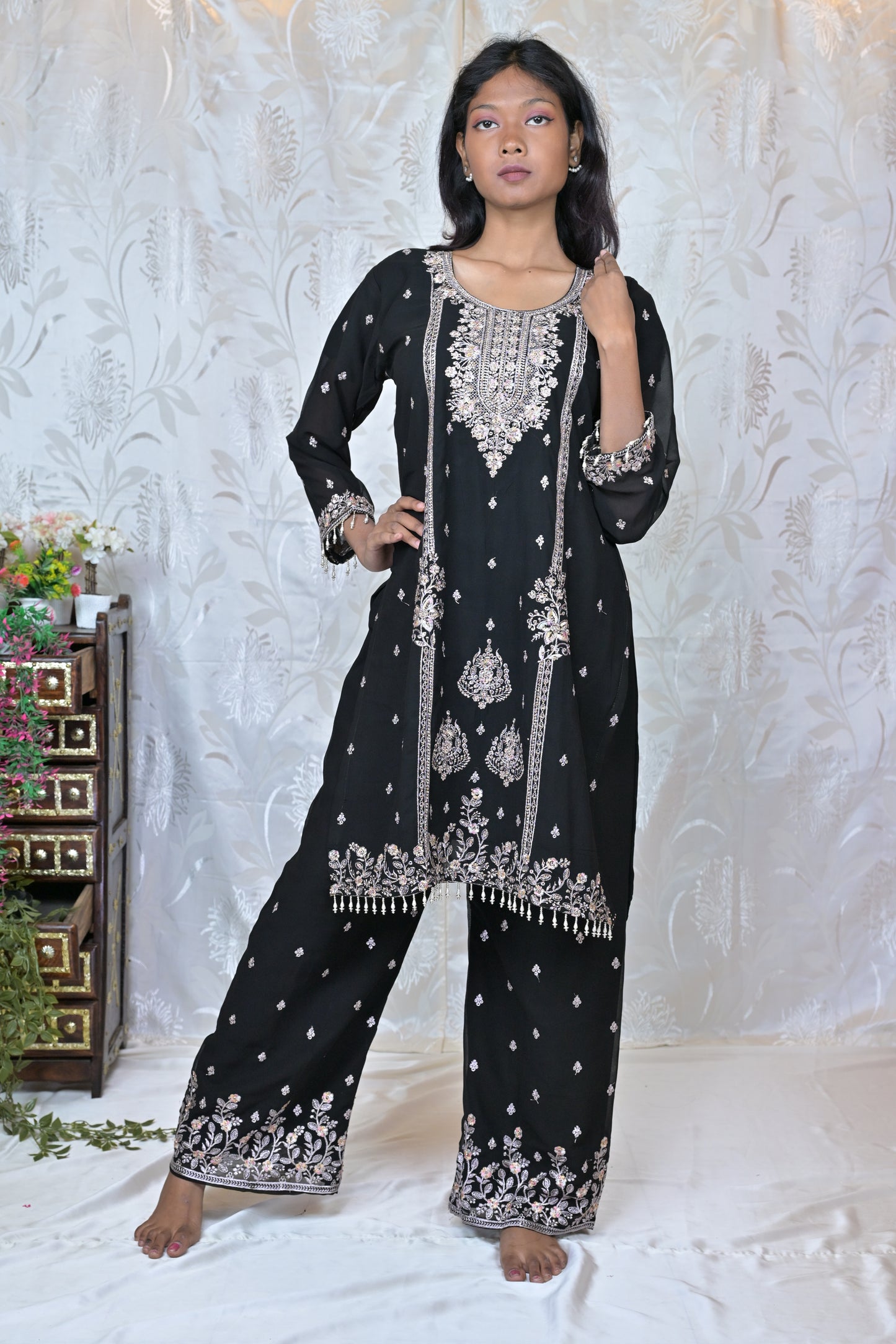Exquisite Embroidered Georgette Party Wear Suit Set with Palazzos & Dupatta