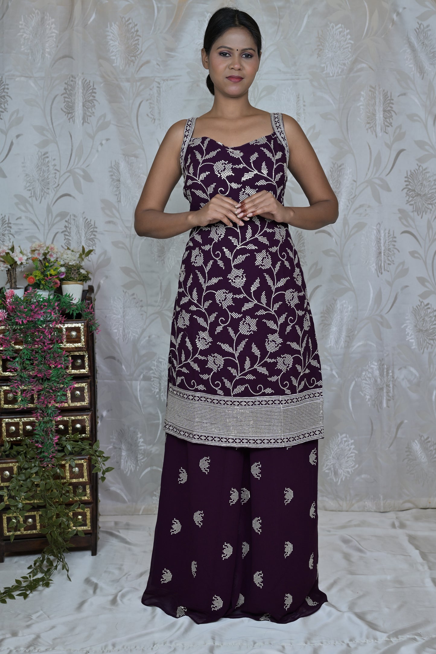 Wine Floral Palazzo Set