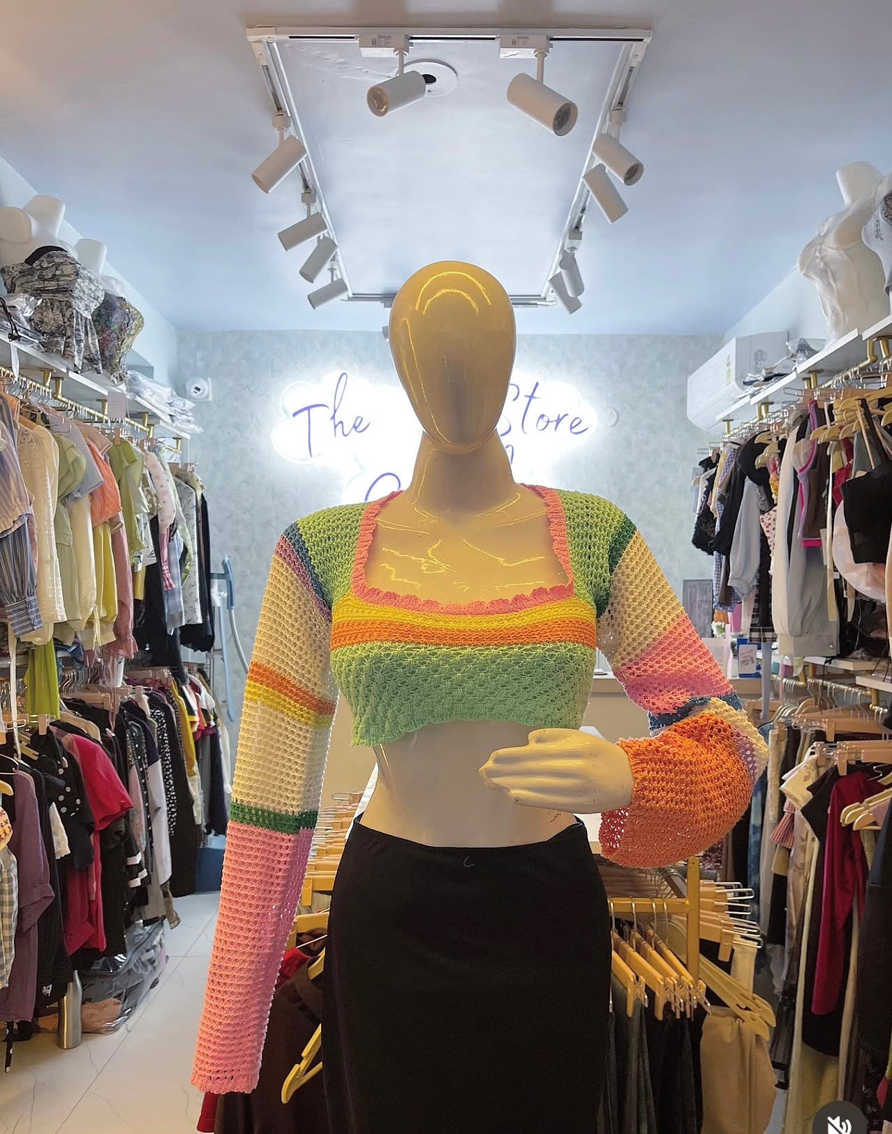 Multicolour Open-Knit Crochet Crop Top with Flared Sleeves