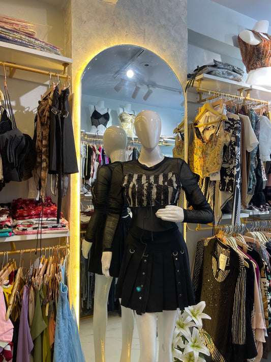 Edgy Illusion Denim Top & Pleated Skirt Set