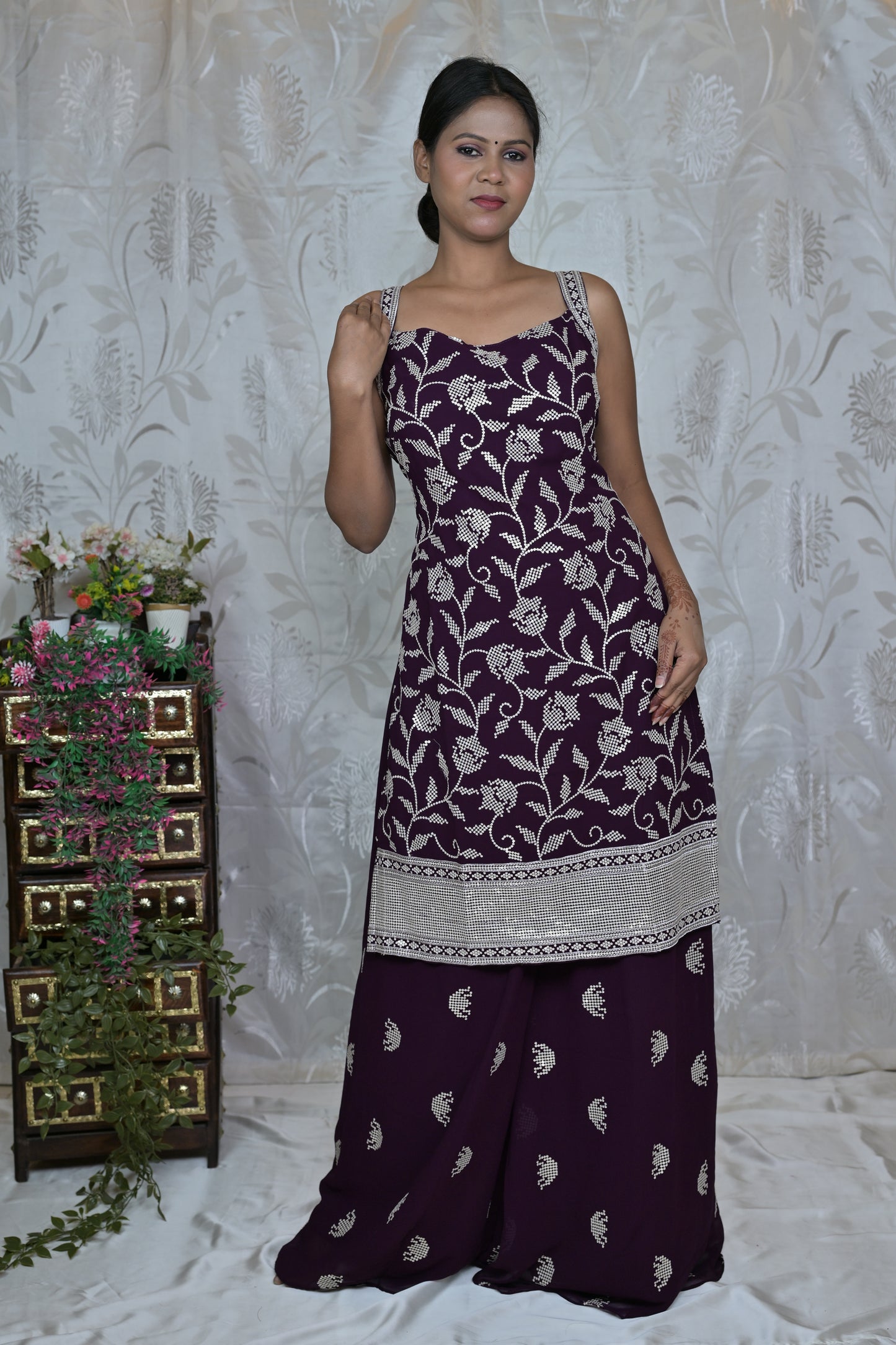 Wine Floral Palazzo Set