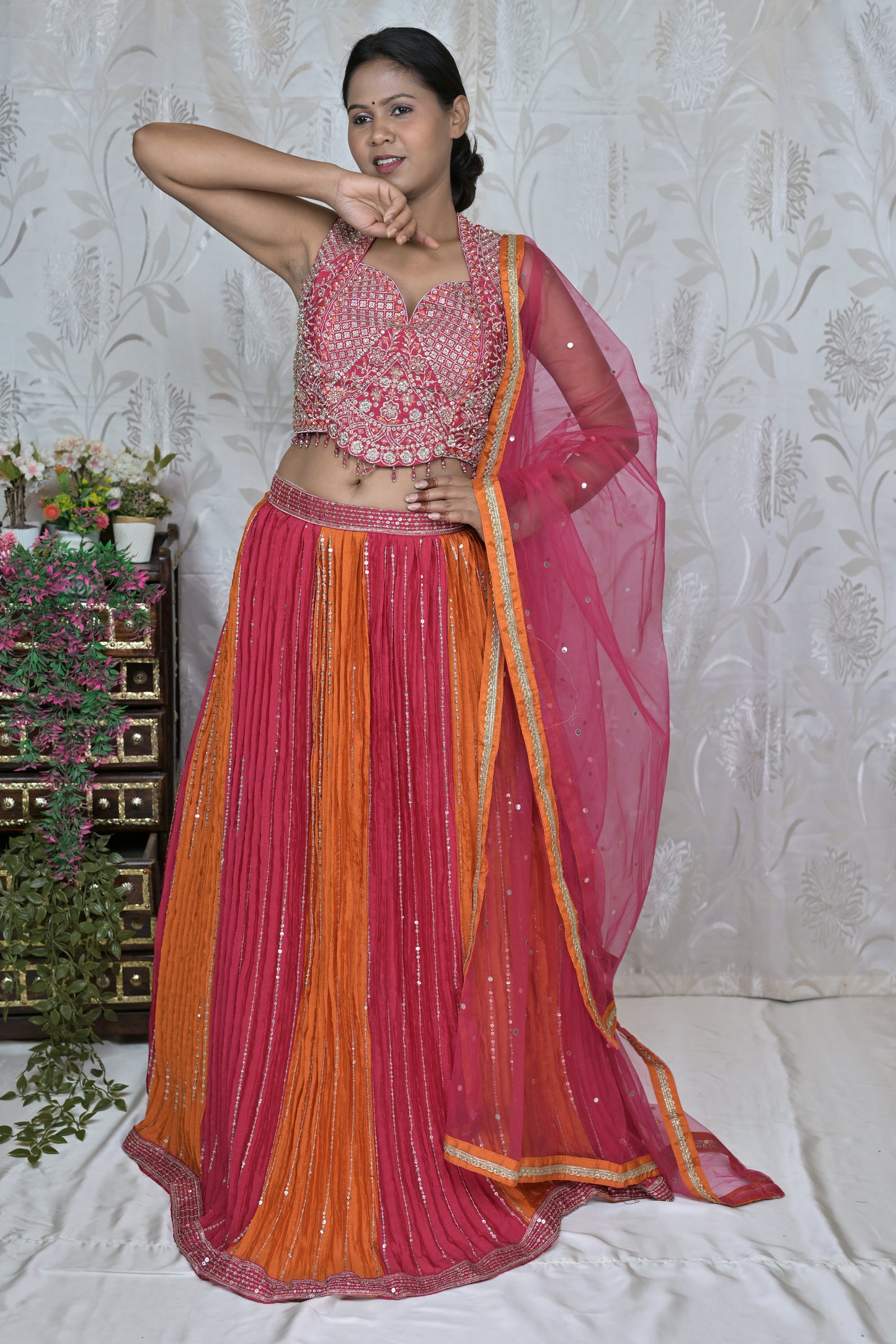 Vibrant Pink & Orange Embellished Lehenga Set