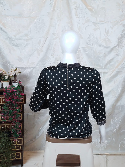 Women Black & White Polka Dot Satin Finish Top