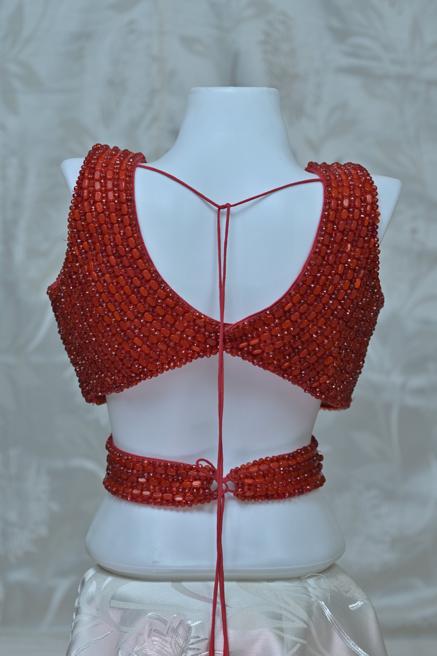 Red Crystal-Embellished Designer Blouse with Criss-Cross Detail