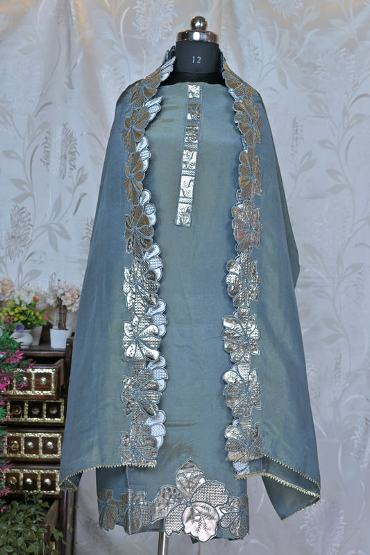 Shimmer Cutwork Semi-Stitched Suit Material with Intricate Embroidered Dupatta