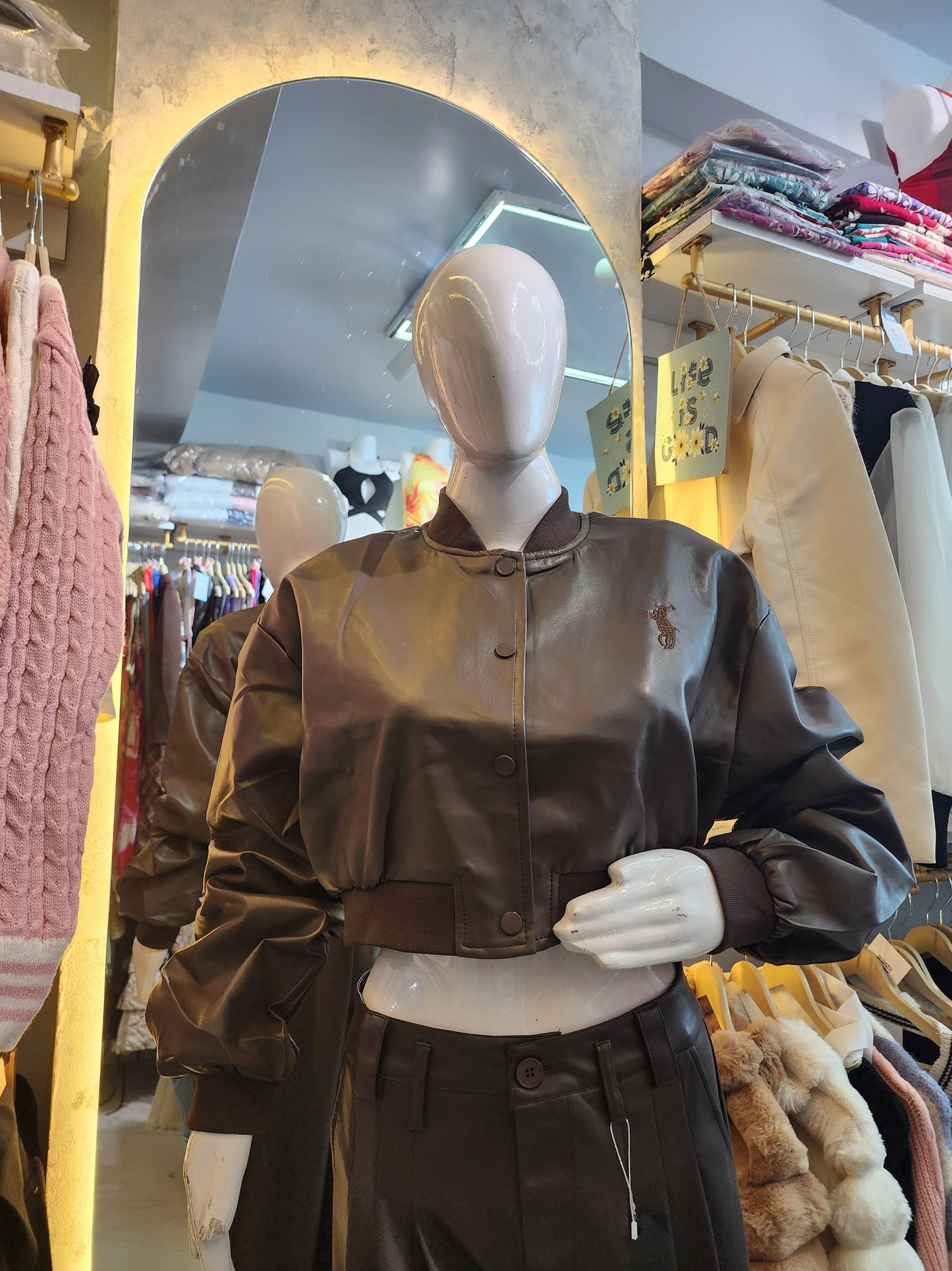 Urban Rider" Cropped Faux Leather Bomber Jacket