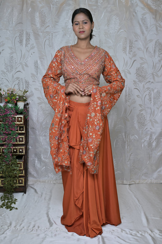 Orange Embellished Long Sleeve Blouse and Skirt Set