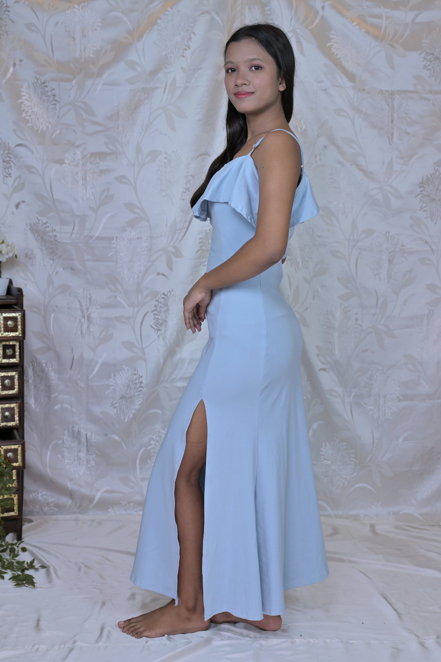 Ruffled Sweetheart Neck Dress with Slit