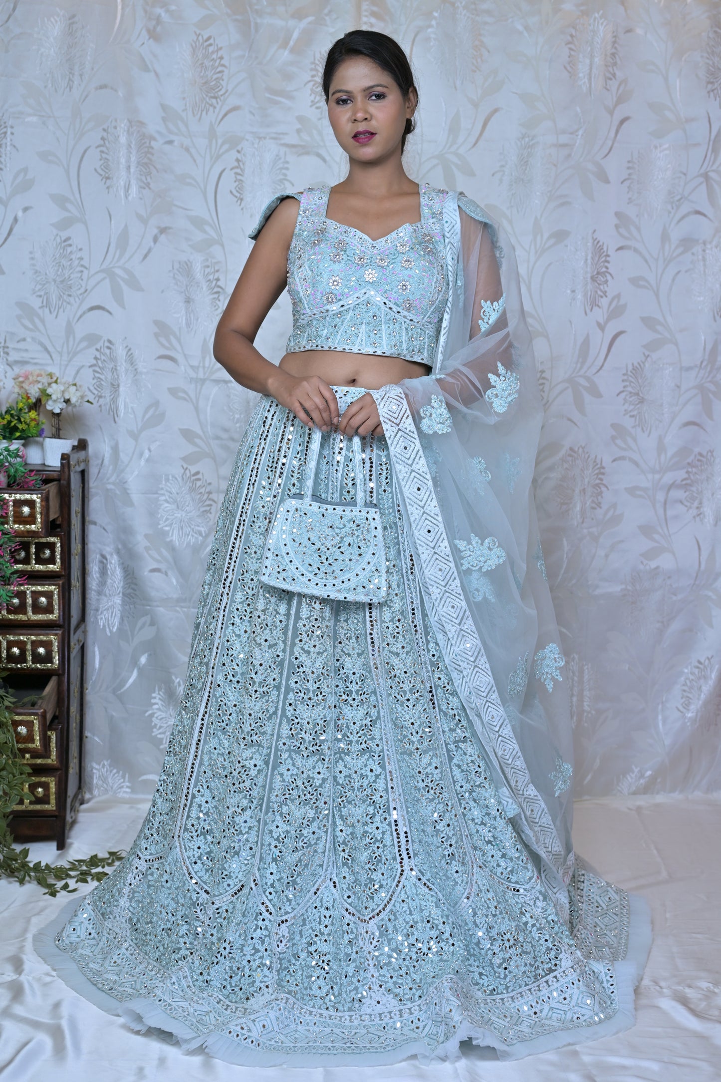 Icy Blue Sequin Lehenga Set with Bag