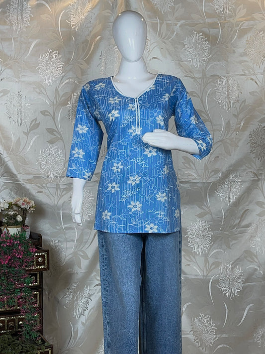 Women Blue & pink & purple Floral Printed Full-Sleeve Short Kurti