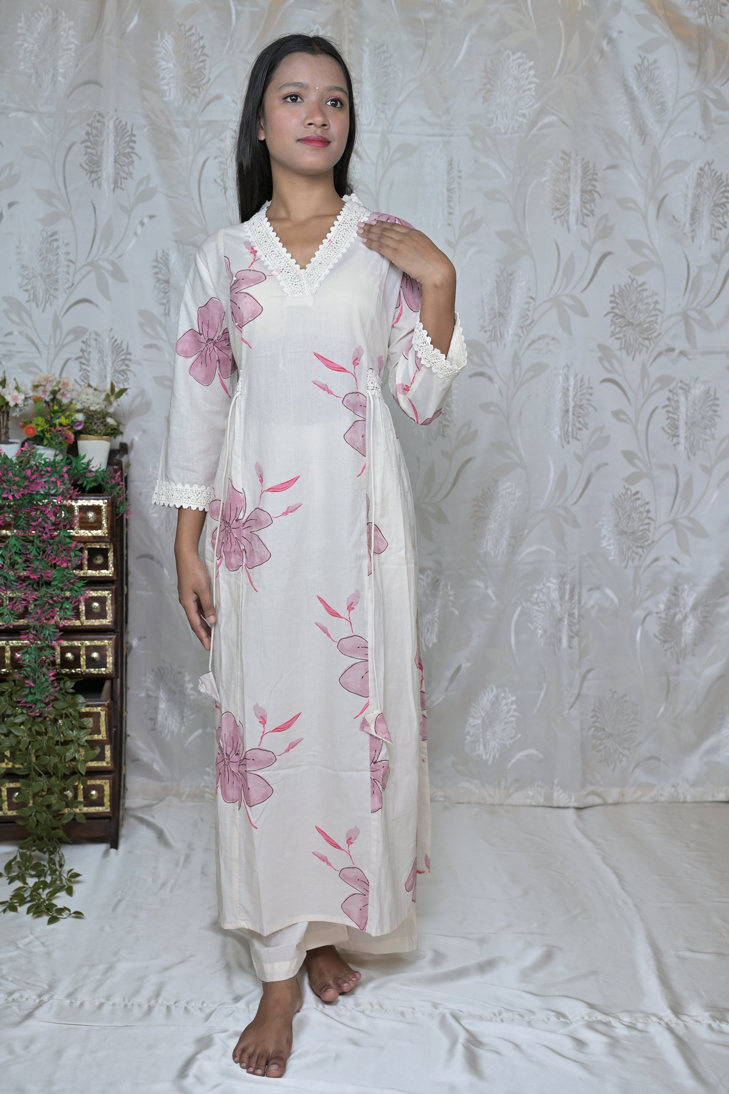 Artistic Floral Painted Kurta Set with Wrap Detail