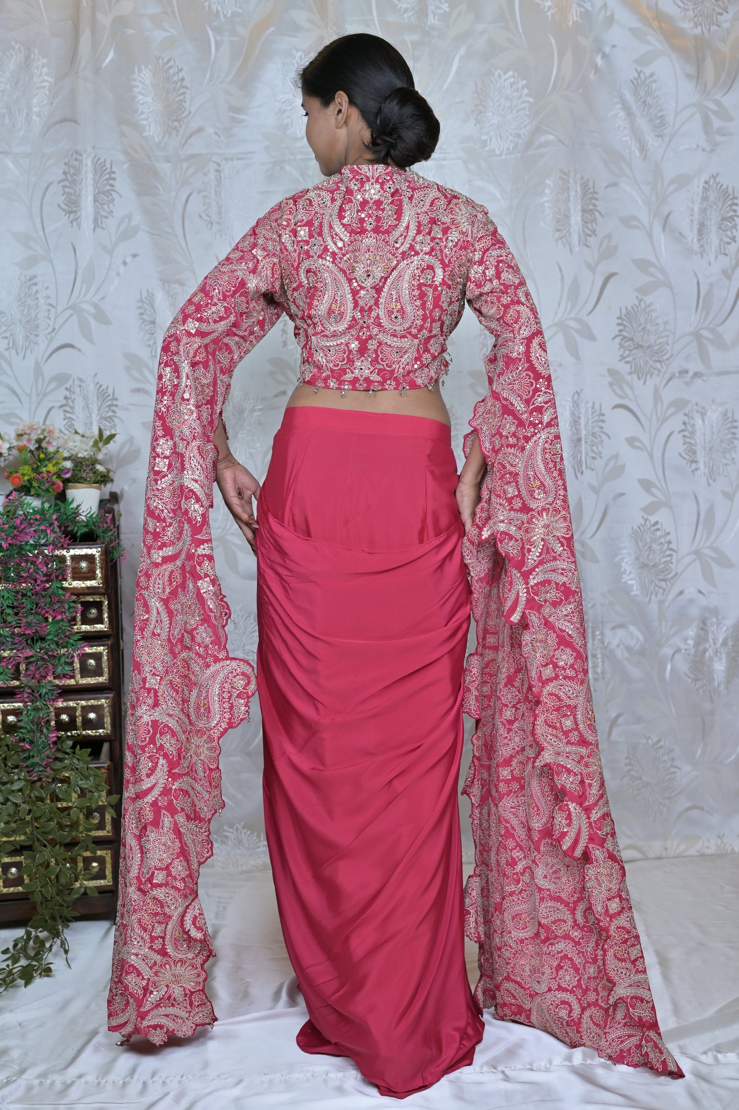 Embellished Long Sleeve Top with Cowl Skirt Set