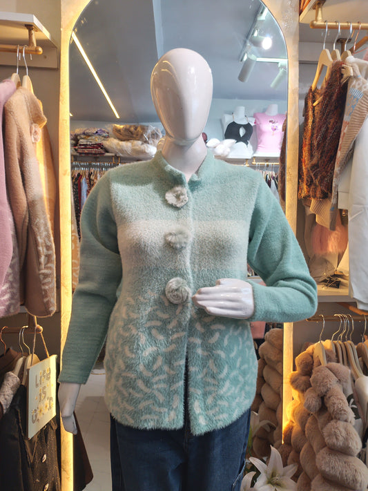 Winter Ivory" Embroidered Fuzz Knit Cardigan