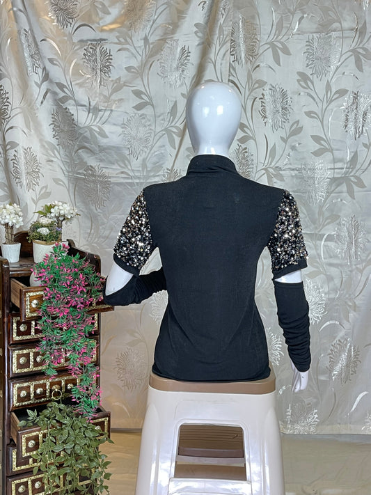 Sequin Shoulder Black Long-Sleeve Top