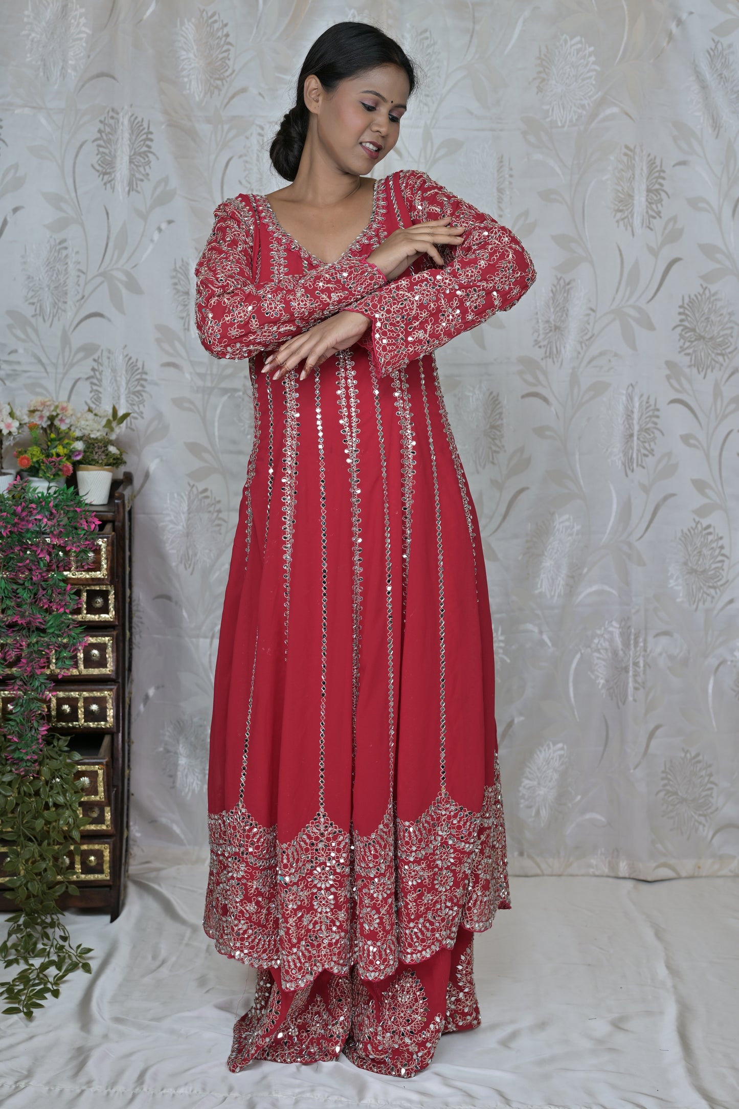 Regal Red Mirror Work Anarkali Suit Set